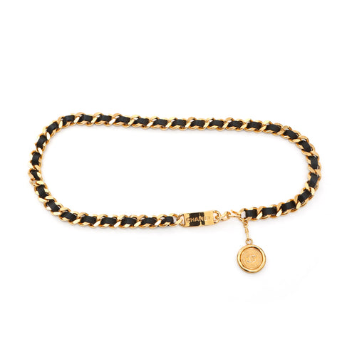 Chanel CHANEL Medallion Logo Plate Chain Belt Gold x Black P13858