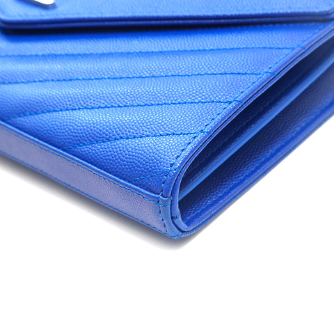 Saint Laurent Long Wallet YSL Large Flap Blue Leather V Stitch No Box