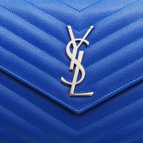 Saint Laurent Long Wallet YSL Large Flap Blue Leather V Stitch No Box