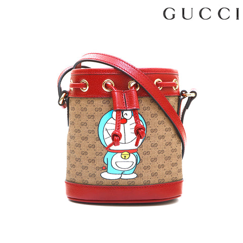 グッチ GUCCI ドラえもん ミニGGスプリーム キャンバス レザー 巾着 バケット ショルダーバッグ ブラウン×レッド P13956