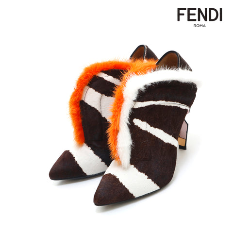 Fendi Harako Fur Bootie短靴泵深棕色X橙色X白色P13973