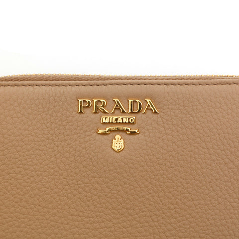 PRADA PRADA LOGO ROUND FIXETER Long Portefeuille en cuir beige P14039