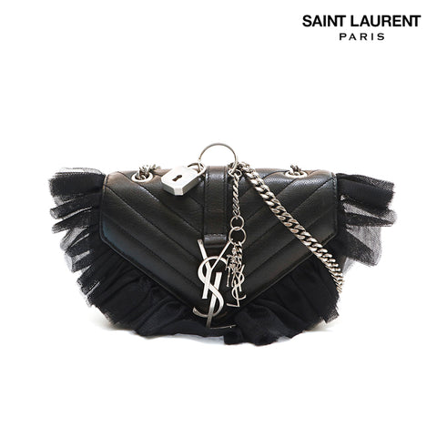 Saint Lampuri Saint Laurent Paris YSL Monogram Classic Lace Fringe ICon -Cheen Shoulder Bag Black P14113