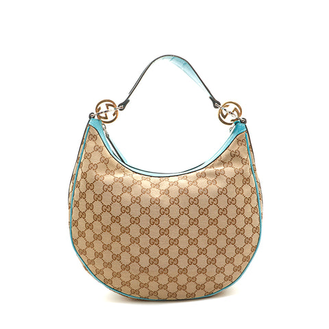 Gucci Gucci GG帆布插头肩袋蓝色X棕色P14287