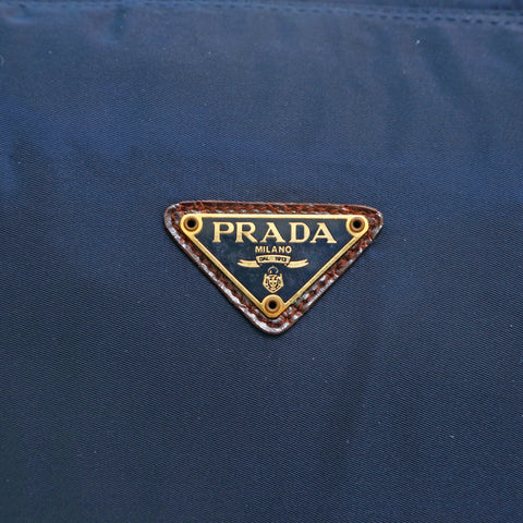 プラダ PRADA ロゴ 型押し トートバッグ ナイロン ネイビー×ブラウン