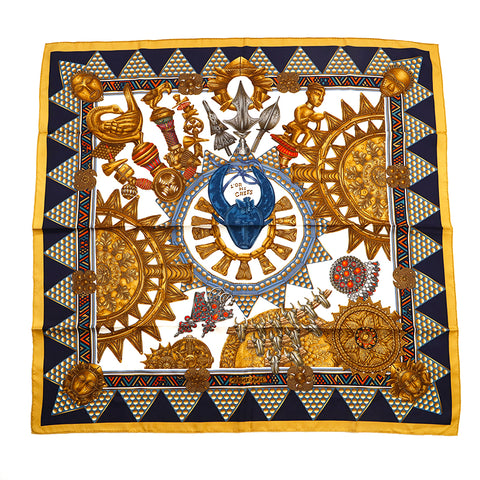 Hermes Hermes Kale 90 L'Orses Chefs Gold Scarf Blue P14614