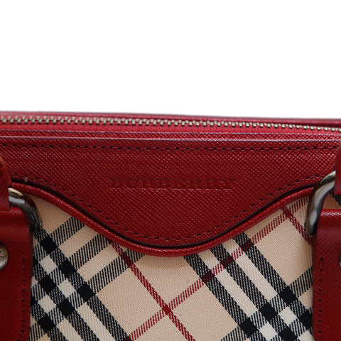 バーバリー BURBERRY チェック レザー ハンドバッグ レッド×ベージュ P15255