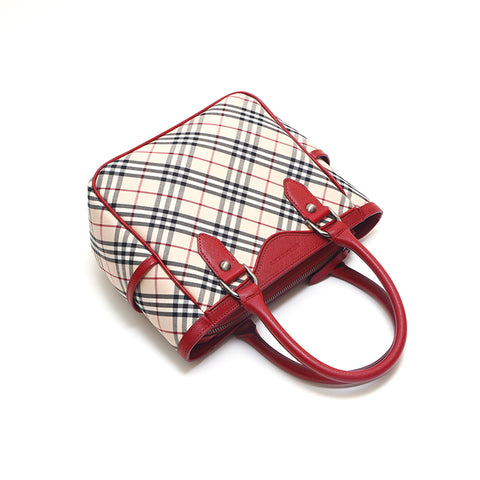 バーバリー BURBERRY チェック レザー ハンドバッグ レッド×ベージュ P15255