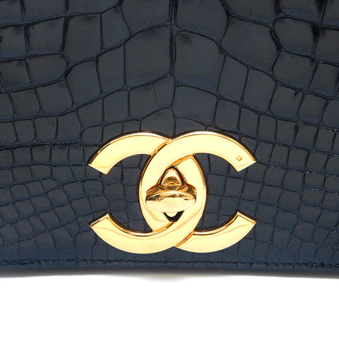 シャネル CHANEL クロコ 型押し フルフラップ チェーン ショルダーバッグ ブラック P15336