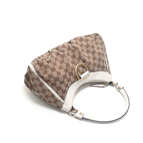 グッチ GUCCI GGキャンバス レザー ハンドバッグ ブラウンxホワイト P15650