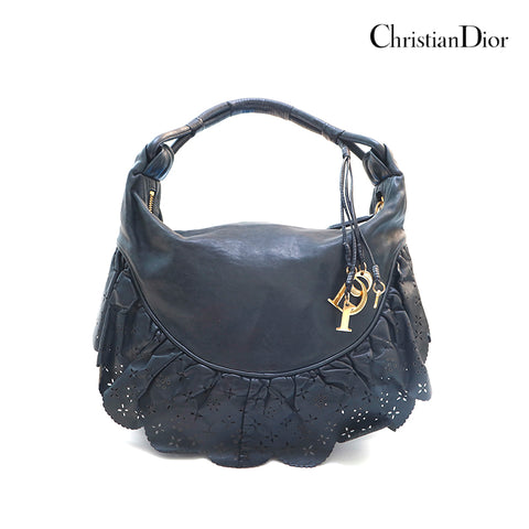 クリスチャンディオール Christian Dior ジプシースモール ホーボー レザー 黒 パンチングフリル ショルダーバッグ ブラック P16236