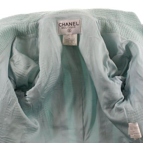 シャネル CHANEL プラ ココボタン ツイード ジャケット スカート スーツ 97C ライトブルー系 P3029