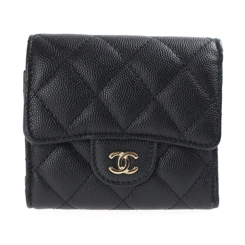 香奈儿鱼子酱皮肤Matelasse Tri Fold Wallet No. 28皮革黑色P3067