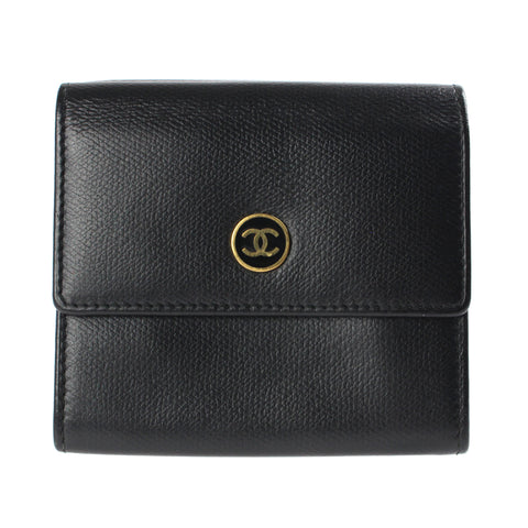 Chanel CHANEL Coco button Fold Wallet 2 Leather Black P3104