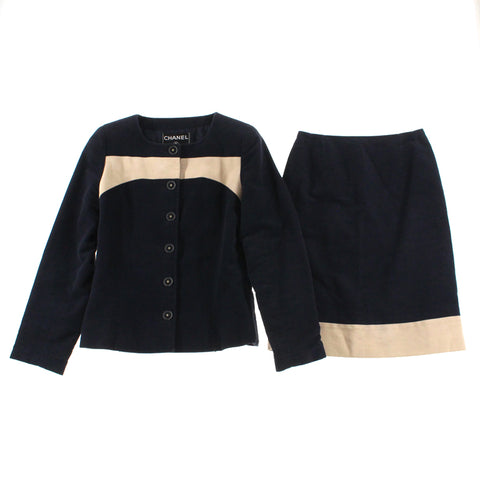 Chanel CHANEL Coco Botan Bicolor Jacket Skirt Setup Swedy Navy x Beige P3132