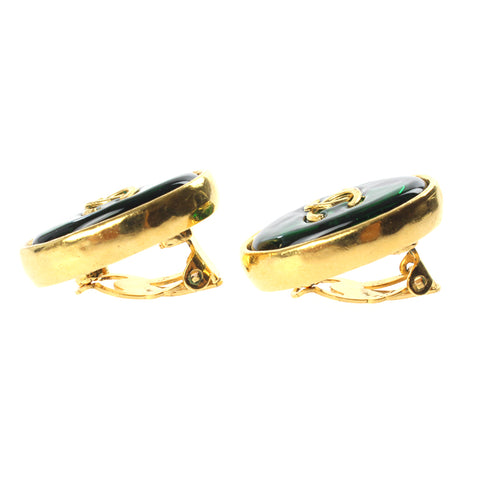 Chanel Coco Mark Gripore Round Earrings Gold x Green P3248