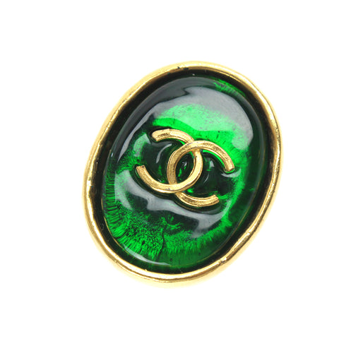 Chanel Coco Mark Gripore Round Earrings Gold x Green P3248