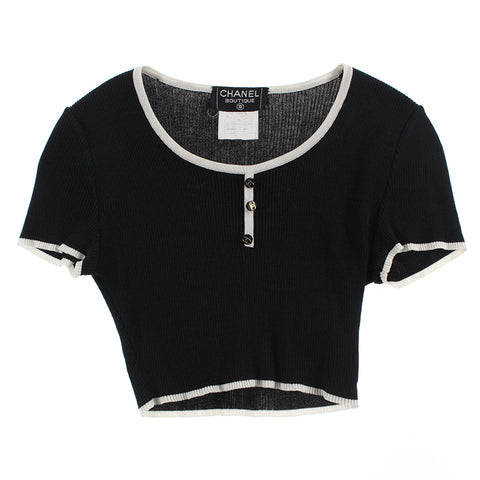 Chanel CHANEL Coco button Chibi length cropped length rib knit cut -sew 95P black P4363