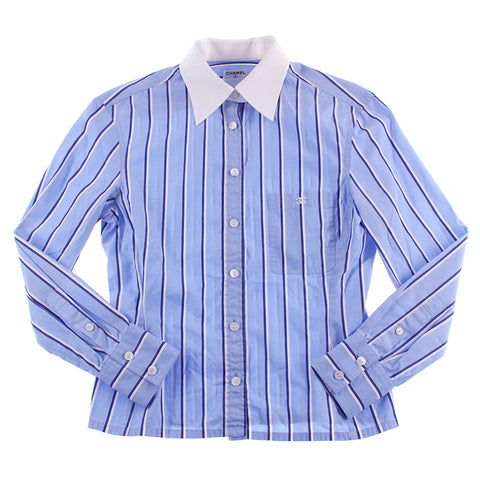 Chanel Coco Mark Blouse à manches longues Shirt Bleu X White P5177