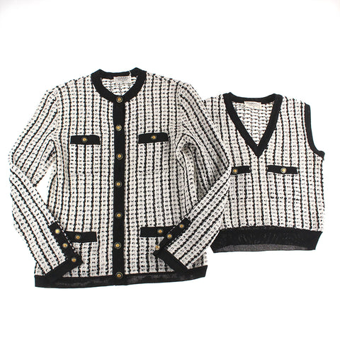 Chanel coco bouton tricot sans manches cardigan en ensemble blanc x noir p6178