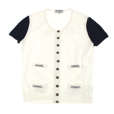 Chanel Chanel Coco Botan Logo Bikola Kurzschlärm Top -Ärmel Tops Strickjacke Weiß X Navy P7929