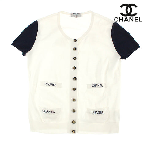 Chanel Chanel Coco Botan Logo Bicolor Kurzarm Top Sleeve Strickjacke Weiß X Navy EIT0476P7929