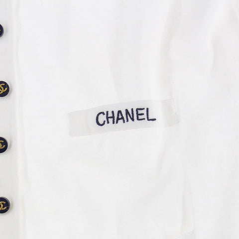 Chanel Chanel Coco Botan Logo Bikola Kurzschlärm Top -Ärmel Tops Strickjacke Weiß X Navy P7929
