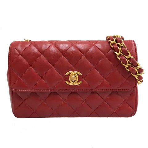 Chanel CHANEL Mina Mass Turn Rock Chain Shoulder Bag Leather Red