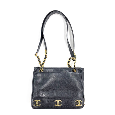 シャネル CHANEL キャビアスキン トリプルココ チェーン ミニ トートバッグ VINTAGE 中古 定番 ブラック WS1268