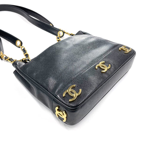 シャネル CHANEL キャビアスキン トリプルココ チェーン ミニ トートバッグ VINTAGE 中古 定番 ブラック WS1268