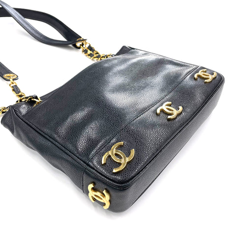 シャネル CHANEL キャビアスキン トリプルココ チェーン ミニ トートバッグ VINTAGE 中古 定番 ブラック WS1268