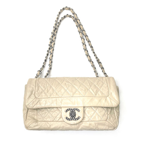 シャネル CHANEL マトラッセ キャビアスキン シングルフラップ ダブルチェーン 2009年 ショルダーバッグ カーフ ベージュ WS1686