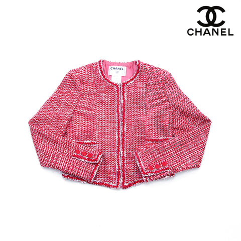 シャネル CHANEL ツイード 総柄 2002s Vintage ウール シルク Size:36 ココマークボタン ノーカラージャケット レッド WS1925