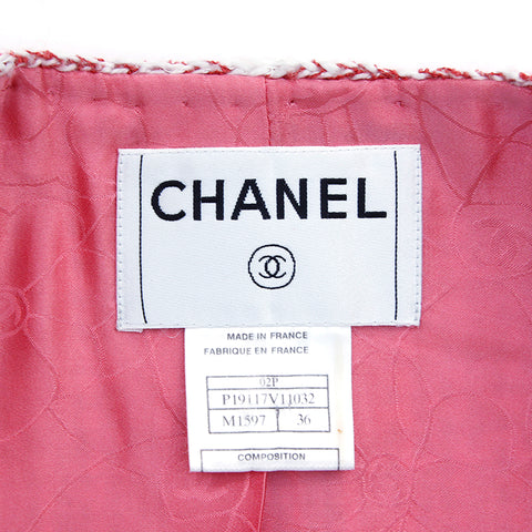 シャネル CHANEL ツイード 総柄 2002s Vintage ウール シルク Size:36 ココマークボタン ノーカラージャケット レッド WS1925