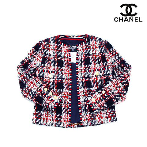 Chanel Chanel Tweed检查可可纽扣胶夹克尺寸34海军X红色WS1929