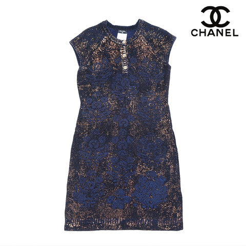 Chanel Cashmere Rayon Knit Size 36 2000 Dress Cashmere Black x Blue x Gold WS2558