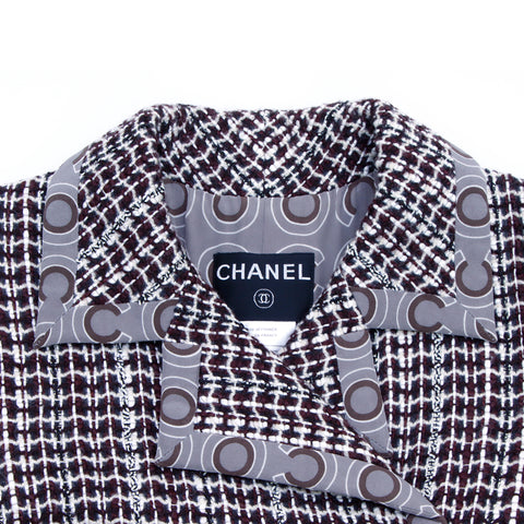 シャネル CHANEL ツイード ジャケット ココマーク ロング コート 2001s Size:36 スパンコール チェック ブラウン ホワイト  WS2649