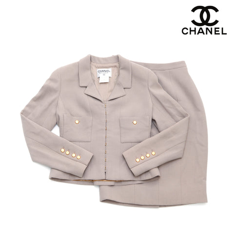 Chanel Chanel Cost Short Jacket Set Taille: 40 Crocped Coco Button 1996s Wool Beige x Gold WS2655