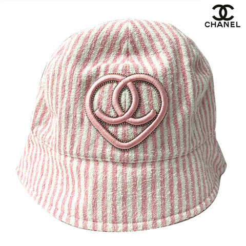 香奈儿香奈儿(Chanel Chanel)2000年代的水桶帽子尺寸:58条带绣花徽标心帽棉粉色x白色WS2785