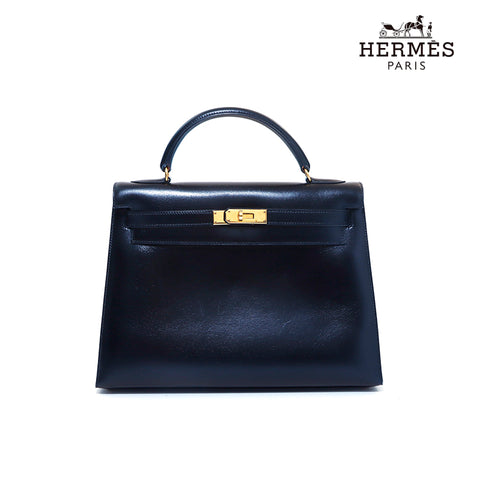 エルメス HERMES ケリー32 ボックスカーフ ○A 刻印 定番 シンプル ハンドバッグ ブラック WS3153
