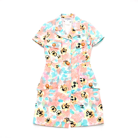 Chanel Coco Button Short Sleeve Dress Cotton Orange x Blue WS3279