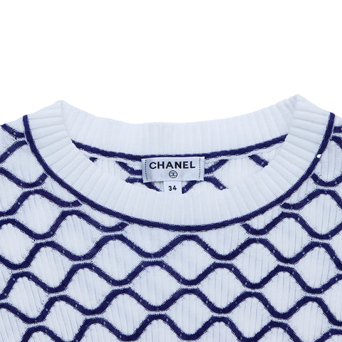 Chanel Knit Sweater Top Size 34 1980 Sweater Cotton White x Blue WS3309