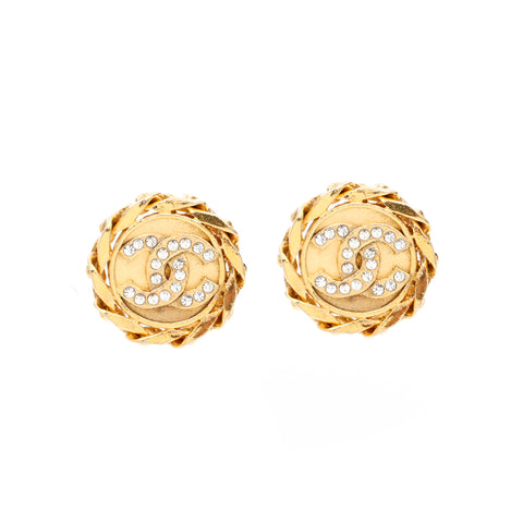 Chanel Coco Mark Rhinestone Round Round 90s 1990s Gold Earrings WS3602