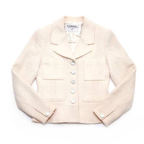 Chanel Coco Button Tweed Blouson 95C Jacket White WS4349