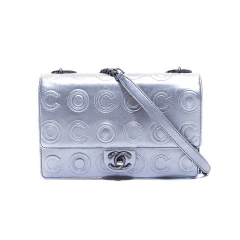 香奈儿香奈儿可可马克·金属小腿可可推动图案28肩袋银色WS5207