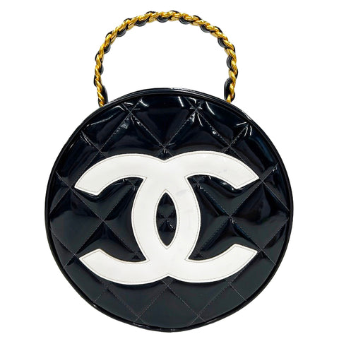 Chanel CHANEL Enamel Round Vanity Handbag Patent Black x White