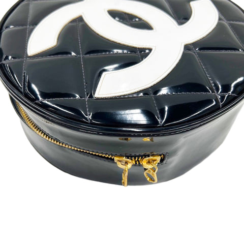 Chanel CHANEL Enamel Round Vanity Handbag Patent Black x White