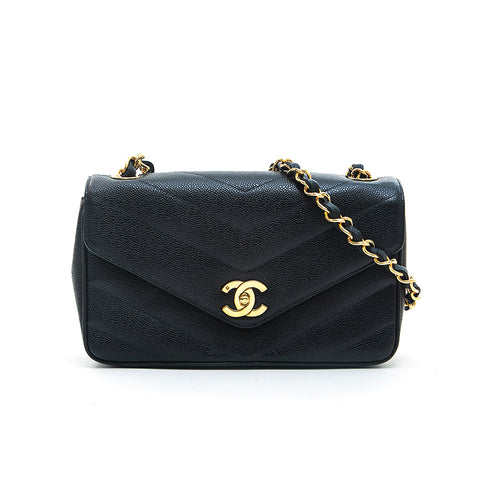 Chanel CHANEL Caviaskin V Stitch Chevron Chain Shoulder Bag Black EIT0730