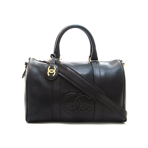 Chanel CHANEL Cabia Skin Coco Mark Boston Bag Handbag Black EIT0746
