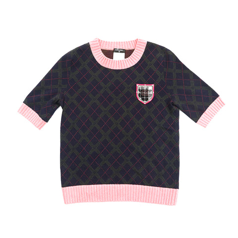 Chanel CHANEL Coco Mark #36 Emblem check short sleeve tops cut -saw cashmere navy x pink eIT0943